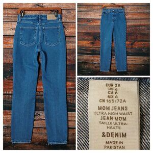 H&M &Denim Jeans 6 Mom Ultra High Waist Button Fly Crop Blue Denim Stretch FLAW